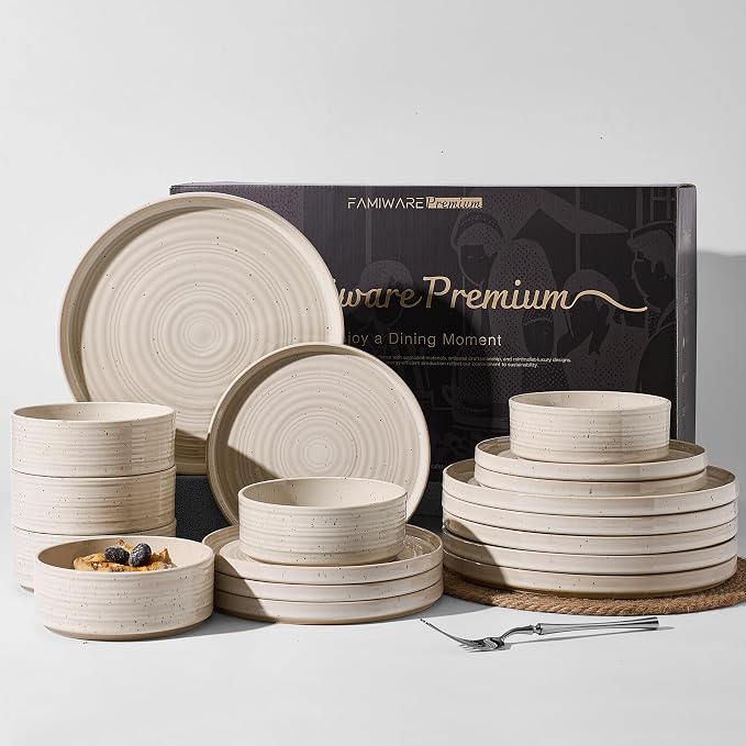 18-Piece Reactive Glaze Stoneware Dinnerware Sets for 6 - High Edge Plates & Bowls, Speckles & Spirals - Chip & Scratch Resistant, Microwave & Dishwasher Safe - Gift Box, Shell Beige