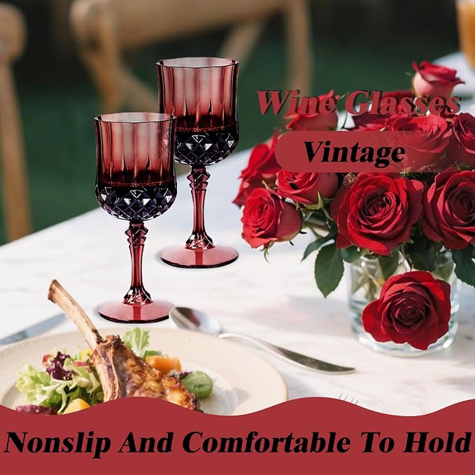 Ciaell 24PCS Burgundy Plastic Wine Glasses - 7 Oz Plastic Goblets for Party - Burgundy Vintage Drinking Glasses - Disposable Water Goblets Set for Wedding, Bar, Wine, Beer, Juice