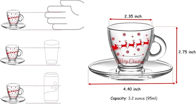 BOHEM'S Espresso Cups, 3.2-Ounce. Small Demitasse Clear Glass Espresso Drinkware, Set Of 2 Cups, Saucers and Stainless Steel mini Spoons, Hostess, Coffee Lover/Enthusiast (Christmas)