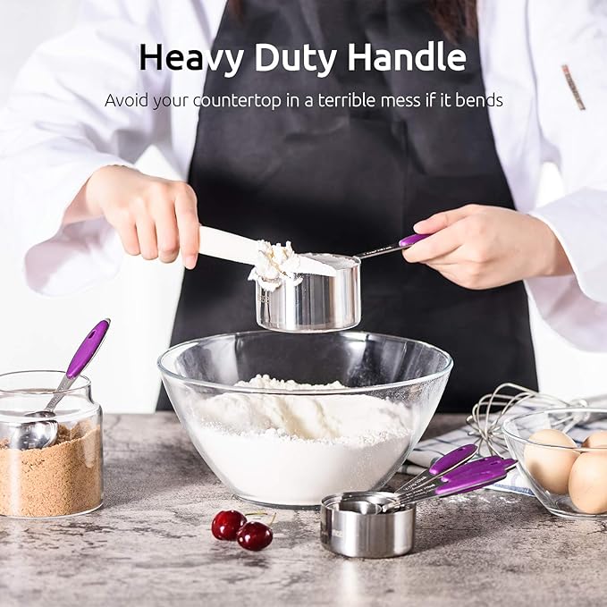 U-Taste 10 Piece Measuring Cups and Spoons Set in 18/8 Stainless Steel, and 18/8 Stainless Steel 5.5 inch 30 Mesh Strainer (Purple)