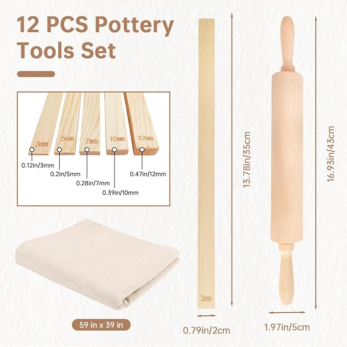 12 Pcs Pottery Tools Include 1 Wood Rolling Pin Sculpting Polymer Clay Tools 1 Portable Pottery Wedging Board/Linen Tablecloth and 10 Pcs 5 Size Teaching Rolling Mud Stick Guide