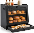 Bread Box for Kitchen Countertop Wooden Double Layer Bread Storage Container Bin Breadbox Holder Large Capacity Keeper Vintage Farmhouse Food Organizer (Black, Large)