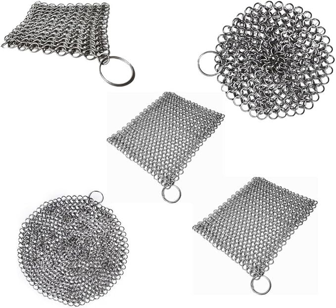 Mythrojan Cast Iron Scrubber Premium 316L Stainless Steel Skillet Cleaner 5 Pack Cast Iron Chaimail Scrubber for Pan, Hard Anodized Cookware, Dutch Oven BBQ Grill, Wok, Cooking Pot