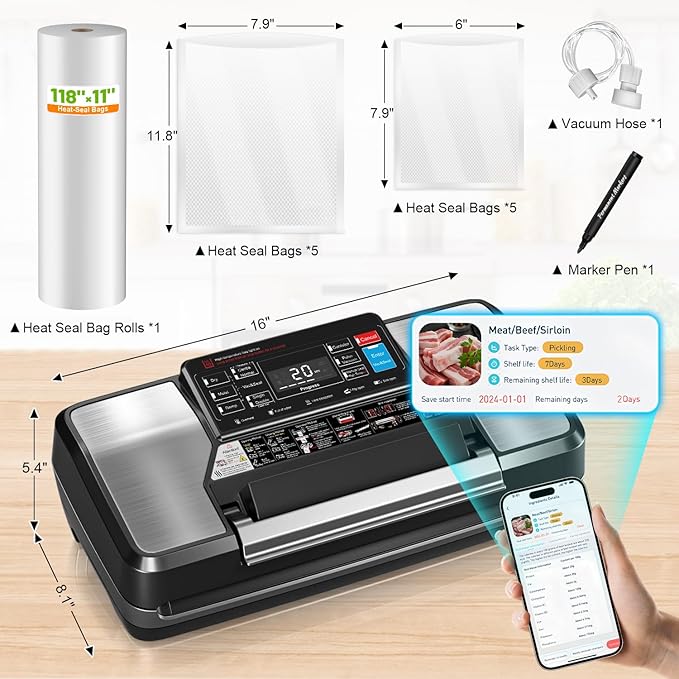 Gyreuni 95Kpa Vacuum Sealer Machine for Food with Bags, 12-in-1 Food Saver Vacuum Sealer with Double Heat Seal, Built-in Cutter,Accessory Hose, Bag Storage,10 Bags, 1 Bag Roll & Marker Pen,App Control