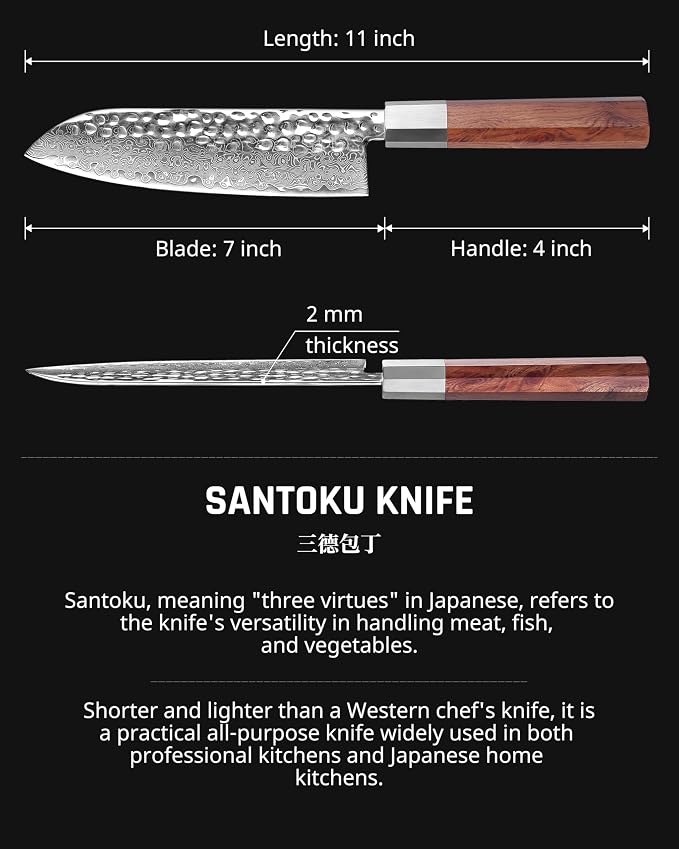 YOTSUBA 7" Damascus Japanese Santoku Chef Knife – Forged High Carbon Stainless Steel (60±2 HRC) – Ultra Sharp & Long-Lasting – Pro Chef Knife with Ergonomic Natural Hardwood Handle – Gift for Kitchen