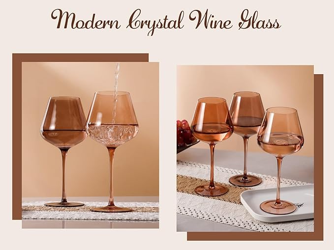 Physkoa Venus Wine Glasses Set of 6-18oz Hand Blown Amber Wine Glass with Stem, Unique Melanin Colored Wine Glasses, Mocha Mousse-Inspired Colors Glassware for Home Decor & Gifts