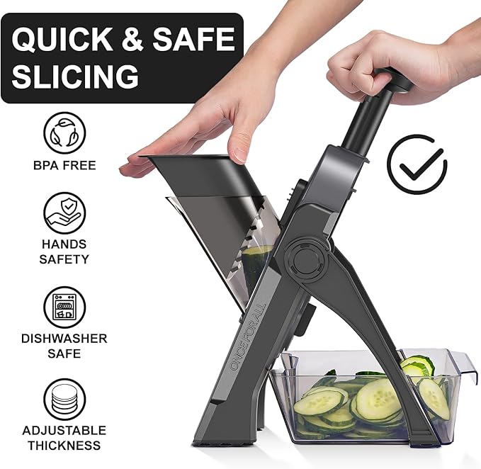 QYKIC Safe Mandoline Slicer, Potato Clips Vegetable Food Cutter, Thickness Adjustable for Cucumber Onion Lemon with Vegetable Peeler (Only Slicer) Black