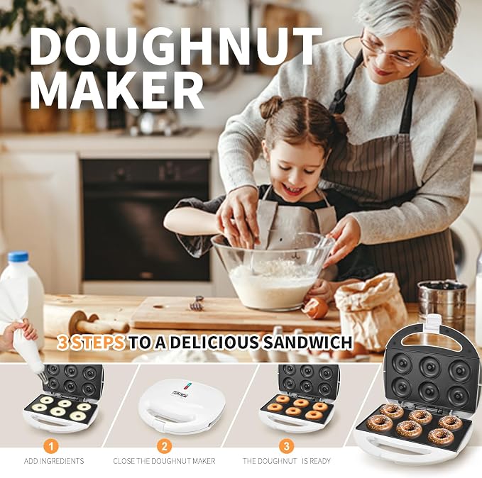 DSP Mini Donut Maker - Non-Stick, 6 Donuts, Cool-Touch | Quick 3-Min Baking, Indicator Lights, Easy Wipe-Clean, Breakfast/Snacks/Desserts, Electric Doughnut Machine, White