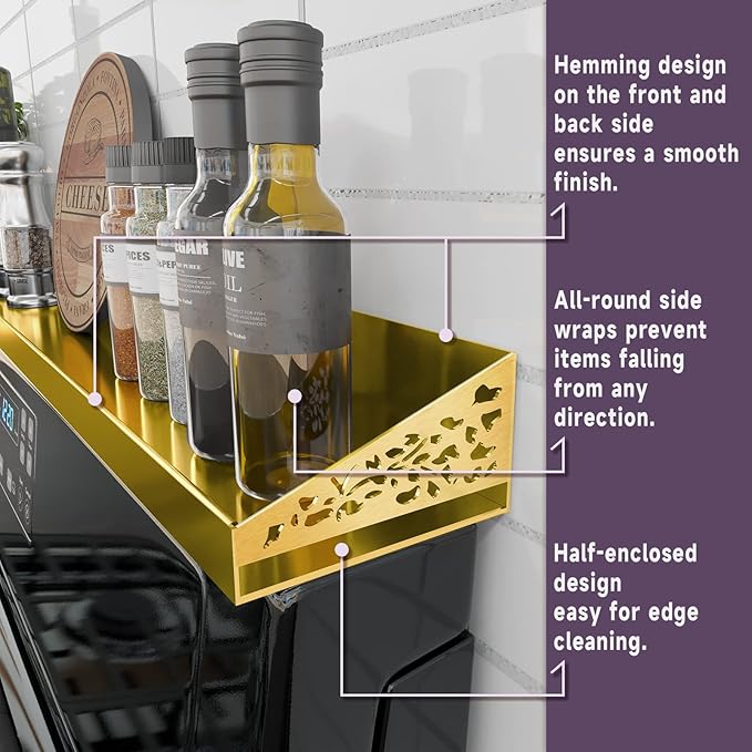 STUTOV 30" Magnetic Stove Top Shelf – Brushed Gold Spice Rack and Seasoning Organizer – Kitchen Shelf for Back of Stove – Over Stove Rack and Storage Organizer