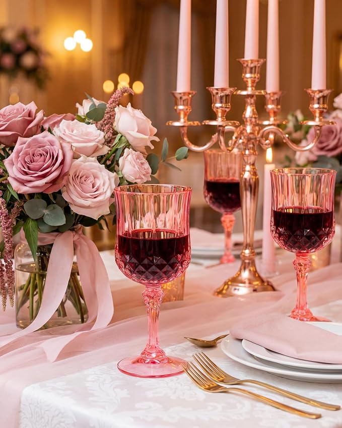 Ciaell 24PCS Pink Plastic Wine Glasses - 7 Oz Plastic Goblets for Party - Pink Vintage Drinking Glasses - Disposable Water Goblets Set for Wedding, Bar, Wine, Cocktail, Whiskey