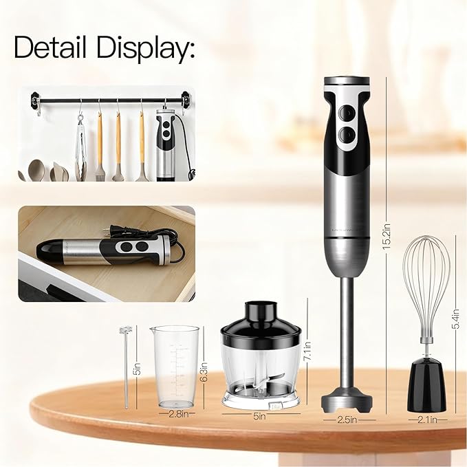 MegaWise Pro Titanium Reinforced 5-in-1 Immersion Hand Blender, Powerful 400W with 80% Sharper Blades, 12-Speed Corded Blender, Including 500ml Chopper, 600ml Beaker, Whisk and Milk Frother (Black)