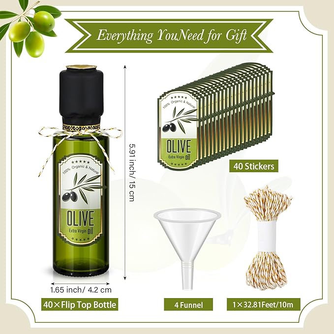 Reallnaive 40 Pcs 4 oz Mini Glass Olive Oil Bottles Empty Sauce Condiment Bottles with Dropper Inserts and Sticker Seals Caps for Gifts Kitchen (Olive Pattern,Dark Green)