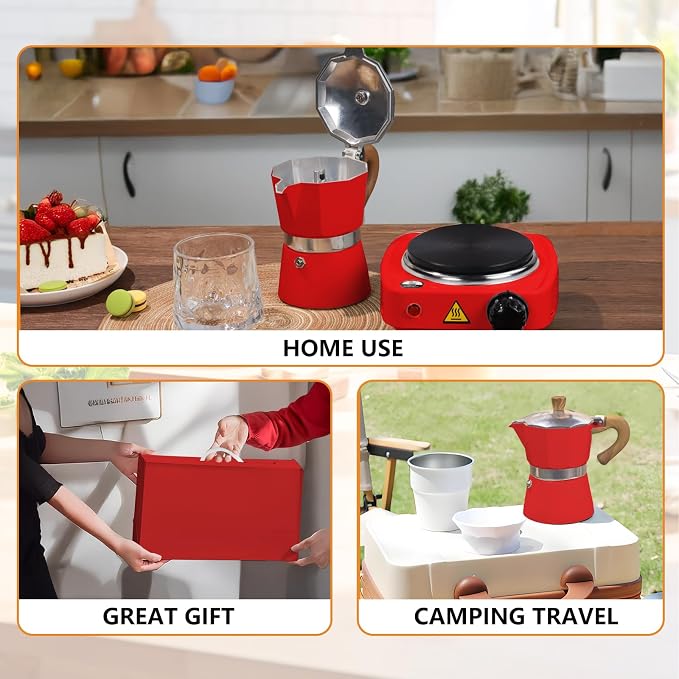 2-in-1 Aluminum Moka Pot Set with Electric Stove Classic Stovetop Espresso Coffee Maker 150ml 5oz Mocha Express Portable Gift Camping Travel Preferred Cafe Italian Cuban Café Brewing 3 Cup