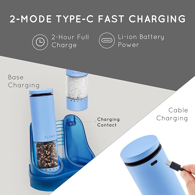 Flendy Electric Salt and Pepper Grinder Set Rechargeable, Automatic Salt and Pepper Grinder Set with Oversized Top Button, Stainless Steel Electric Salt and Pepper Shakers Set