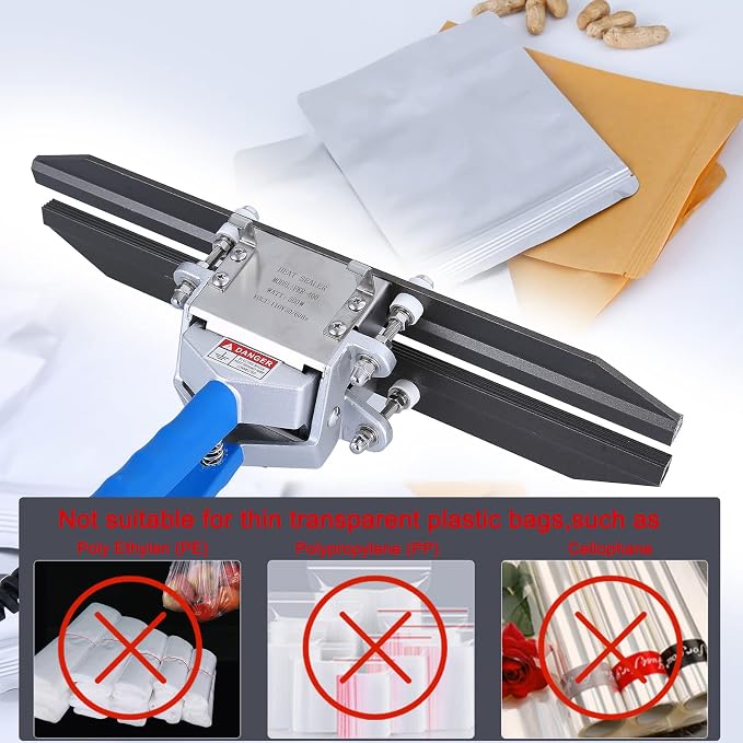 Portable Hand Held Mylar Bag Crimper and Sealer - Integrated Type for Plastic/ Snack Bags Food Storage (12 inch)