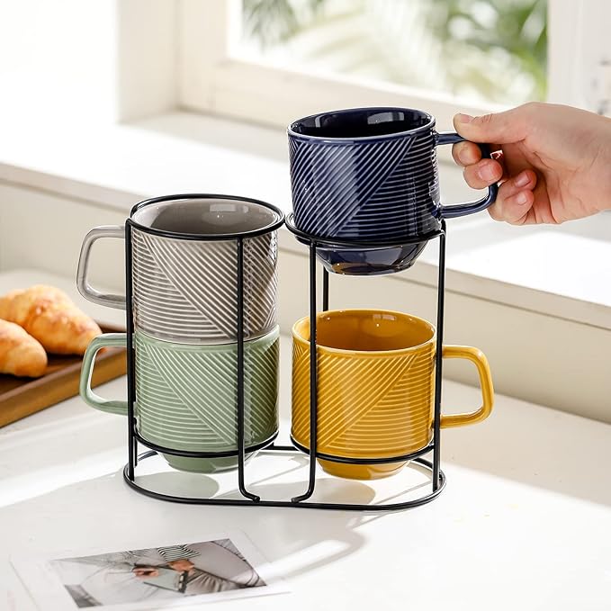 Stackable Coffee Mugs with Rack: 13 oz Stacking Ceramic Cups with Stand for Home & Office- Porcelain Stacked Tea Mug Set of 4