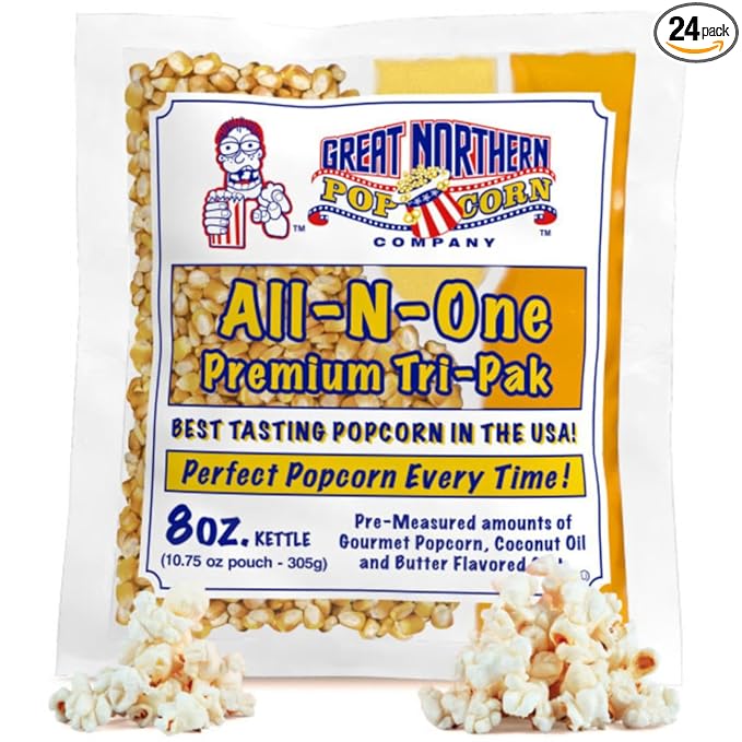 8oz Popcorn Machine Popcorn Packets - All-in-One Movie Theater Style Popcorn Kernels, Salt, and Oil Packs by Great Northern Popcorn (24 Case)