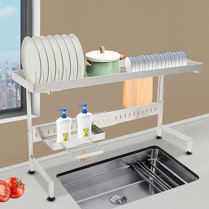 Over The Sink Dish Drainer Drying Rack,88x26x50cm Adjustable Length Over Sink Drying Rack, Large Capacity Dish Rack, for Home, Milk Tea Shop, Bar, Coffee Shop