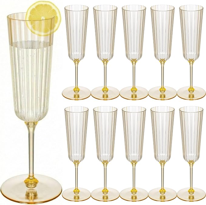 Jingmore 12 Pcs Plastic Ribbed Champagne Flutes With Stem, 6.4 oz Clear Vintage Disposable Vintage Glasses for Wedding Birthday Anniversary (Gold)