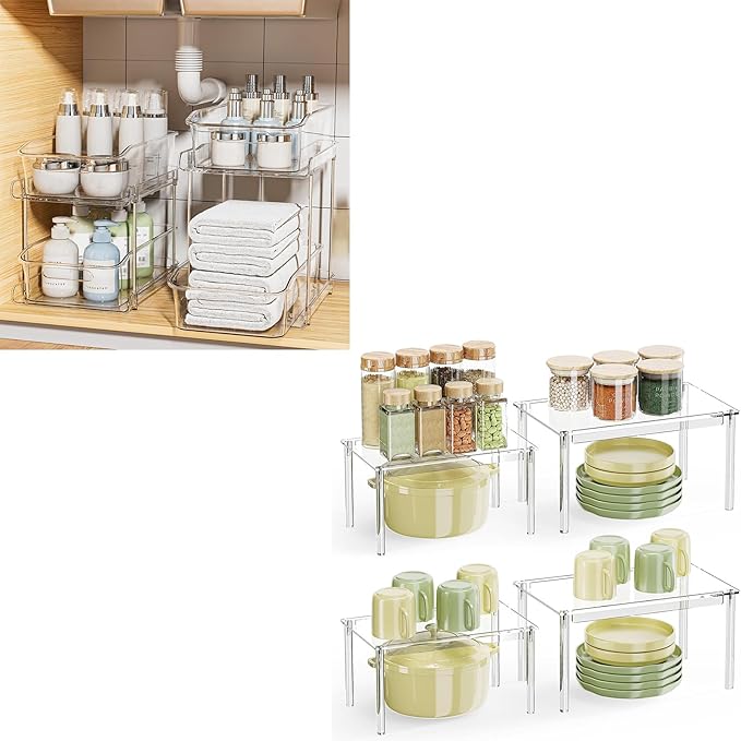 Delamu 2-Tier Clear Stackable Under Sink Organizers 2 Sets & Set of 4 Acrylic Shelf Riser, Cabinet Organizer Shelf for Kitchen