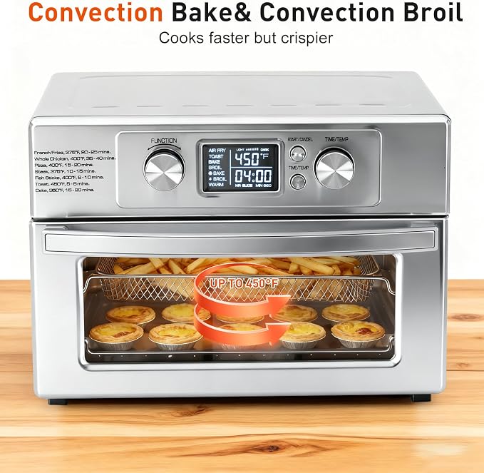 DUMOS Air Fryer Toaster Oven Combo, 23QT Toaster Ovens Countertop, 180–450°F Adjustable Temp, 60-Min Auto-Off Timer, 4-in-1 Air Fry, Toast, Broil & Bake, Stainless Steel, Accessories Included