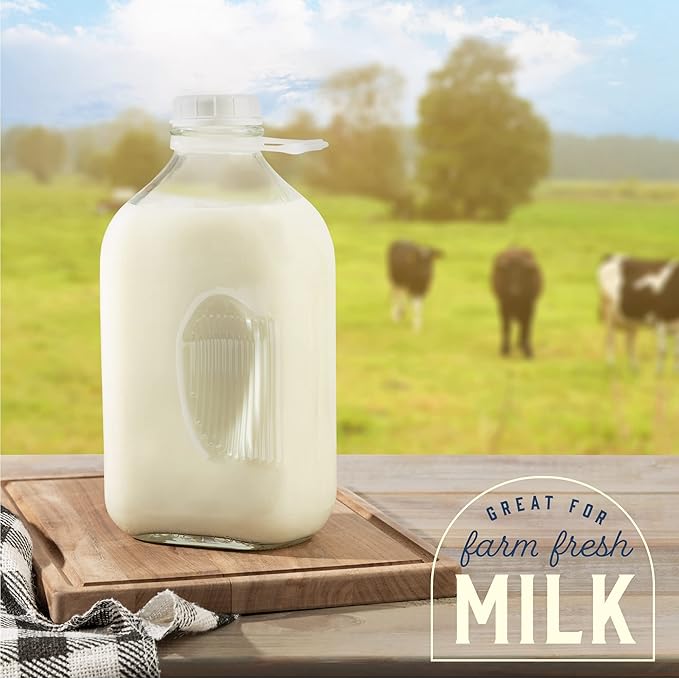 kitchentoolz 64 oz Glass Milk Bottles with Pour Spouts and Tamper-Proof Caps – Half Gallon Containers – 2 Pack – Made in USA
