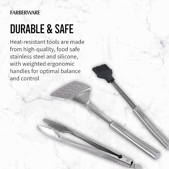 Farberware BBQ Stainless Steel Tool Set, 3 Piece, Stainless Set