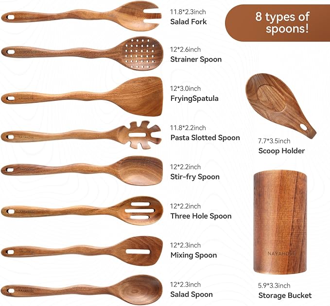 Kitchen 10PCS Teak Wooden Utensils Set With Holder and Spoon Rest | Non-stick, Easy to Clean, Durable, Smooth with Comfort Grip Wooden Spoons for Cooking - Non Toxic Wooden Cooking Utensil