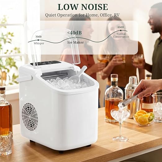 Ice Maker Countertop, Portable Ice Machine with Handle, Basket & Scoop, 26Lbs/24Hrs, 9 Bullet Ice Cubes Ready in 6–8 Mins, 2 Ice Sizes, Self-Cleaning, Quiet Compact for Home Kitchen Office RV Camping
