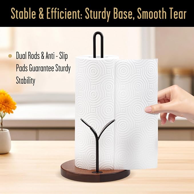 Wooden Paper Towel Holder Countertop,Round Base with Dual Iron Rods in Antique Brown Finish, Leaf-Shaped Accent, Stable & Durable, Non Slip Pads, Elegant Kitchen/Dining Décor