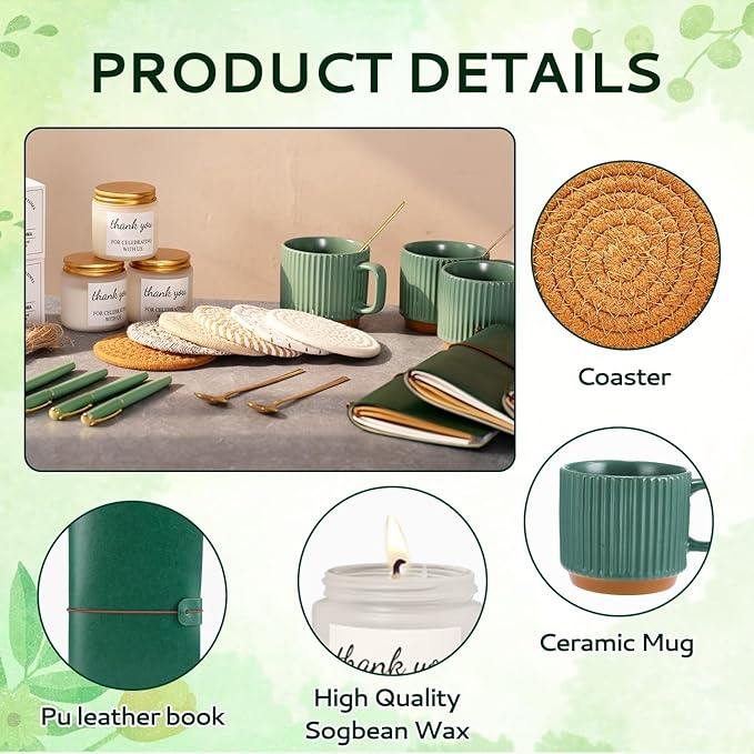 Baby Shower Prizes for Game Winners Baby Shower Games Prizes Ceramic Mugs with Metal Spoons Woven Coasters Notebooks Scented Candles Gift Bags Wedding Bridal Shower Favors for Guests (4, Green)