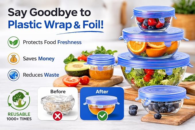 IZEM Premium Reusable Silicone Stretch Lids Set – 12 Pack (6 Round Blue + 6 Rectangle White) BPA-Free, Airtight & Leakproof Bowl Covers + 500ml Silicone Bag, Funnel & Brush