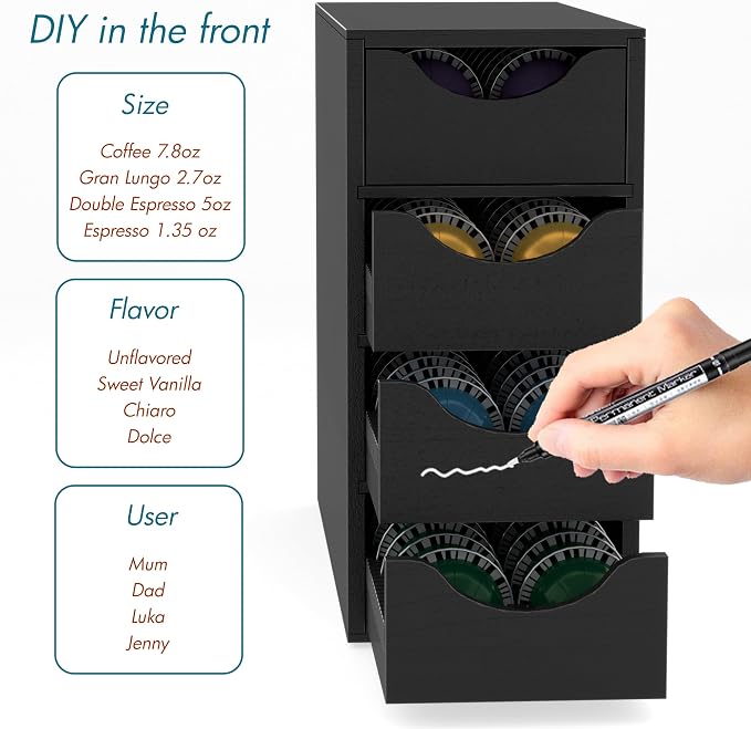Suli Coffee Pod Holder, Coffee Capsule Storage Organizer, Save Space Coffee Pod Organizer for Countertop, Extra Large Storage Rack with Drawer, 4 Tier,104 Pods,Wood,Black