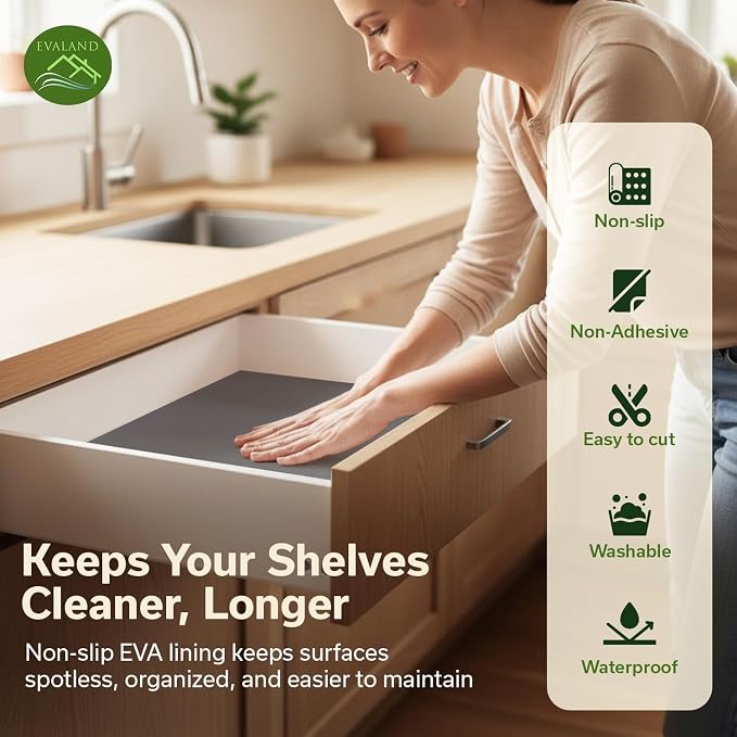 EVALAND Shelf Liners for Kitchen Cabinets Non-Adhesive 17.7" x 33 FT Grey Drawer Liner Non Slip, Washable Cabinet Liner, Waterproof Shelf Liners for Cabinets, Refrigerator Bathroom Pantry - Thickened
