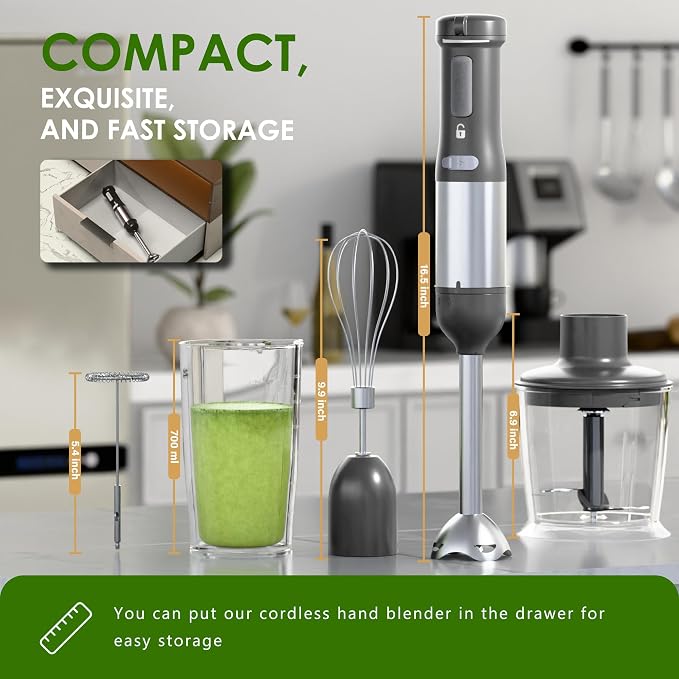 Cordless Immersion Hand Blender, 5-in-1 Variable Speed blender handheld,Rechargeable with 2000mAh Battery, BPA-Free & Dishwasher-Safe Accessories:700ml Beaker,Chopper,Whisk & Milk Frother,Grey