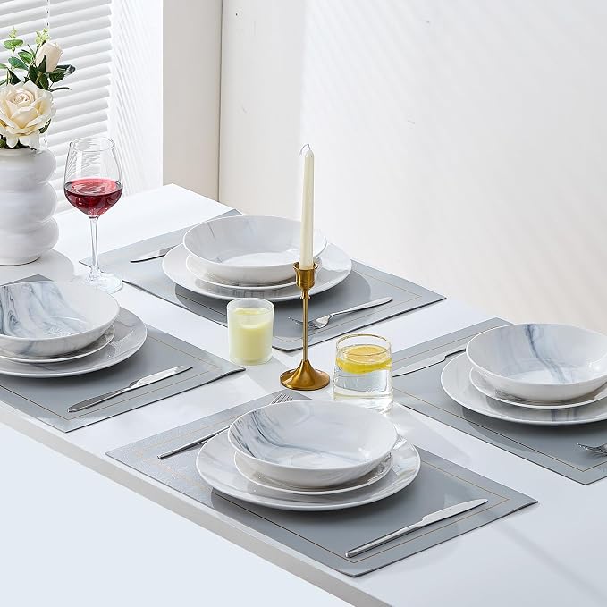 Bestone 12-Piece Round Kitchen Dinnerware Set, Plates, Bowls, Service for 4, Blue and White Marble
