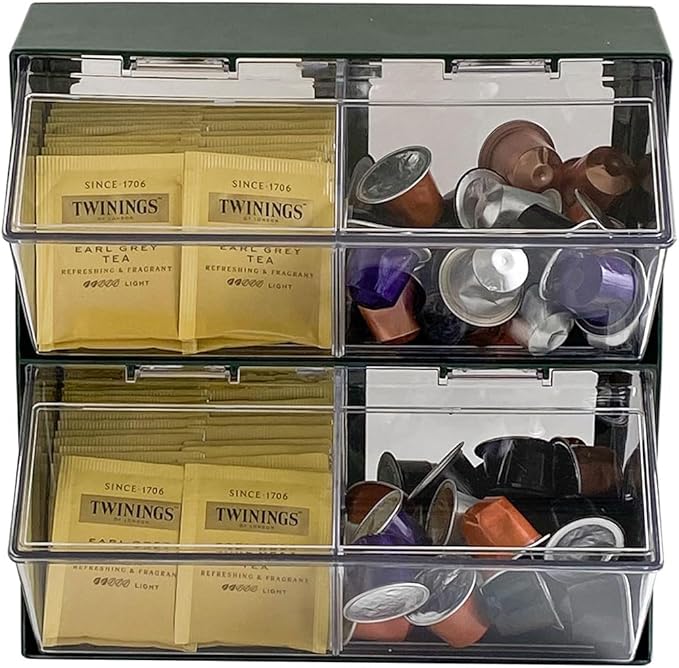 Large Coffee Pod Holder with Lid, Green | Plastic, Coffee Bar Accessories Storage Organizer, For Creamer, K Cups, Tea Bags, Sugar Bag, Drinking Straw