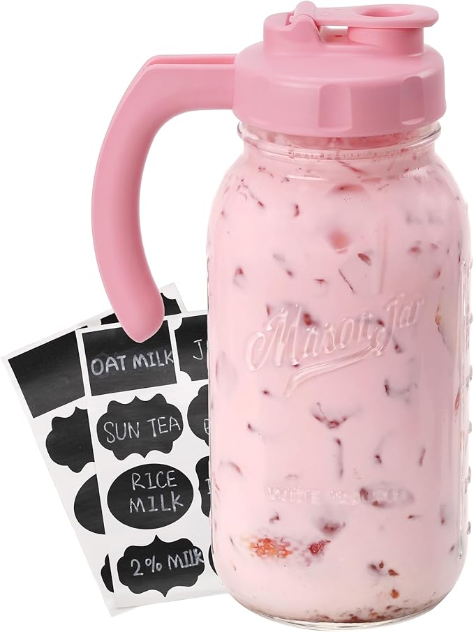 Soligt Glass Mason Jar Pitcher with Lid, Wide Mouth Flip Cap Pour Spout Leak-proof Lid with Handle, 64 oz (2 Quart / 1.9 Liter), for Iced Coffee/Sun Tea Juice/Cold Brew Coffee/Milk (1Pack, Taffy Pink)