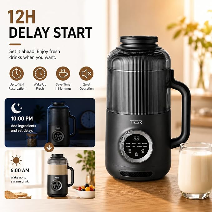 TER 40oz Nut Milk Maker Machine, Automatic Soy Milk Maker with 8 Smart Preset Programs, Almond Oat Soy Plant-Based Milk Maker with 12H Delay Start, Keep Warm, Self-Cleaning