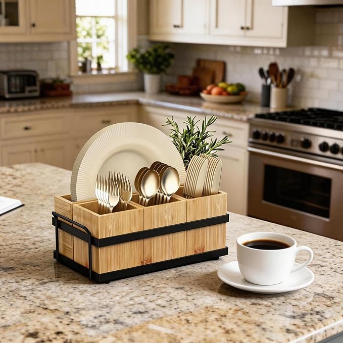 Silverware Caddy for Party, Silverware Holder with 4 Removable Compartments for Countertop Organizing Utensils, Paper Plates, Flatware, Wood Sevring Caddy