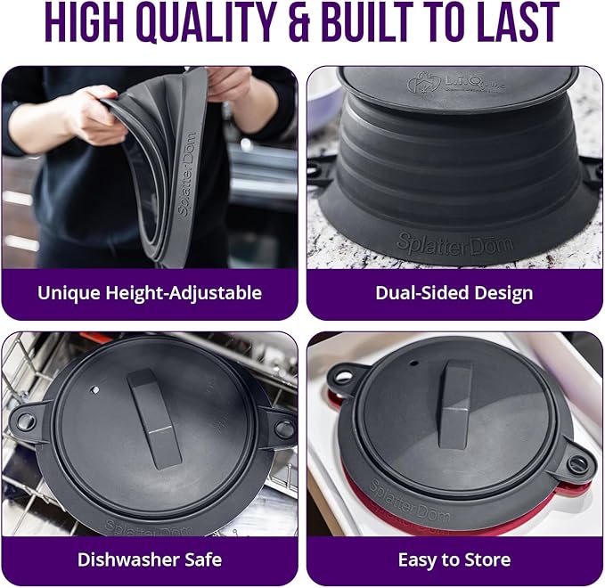 L.I.Q Silicone Splatter Guard – Fits 8 and 10 Inch Pots (20 and 25 Centimeters) – Microwave Safe and Durable SplatterDom - Includes 8” Lid - Food and Oil Splash Guard (Chic Metallic, Small)
