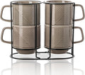 Stackable Coffee Mugs with Rack: 13 oz Stacking Ceramic Cups with Stand - Porcelain Stacked Tea Mug Set of 4 (Grey)