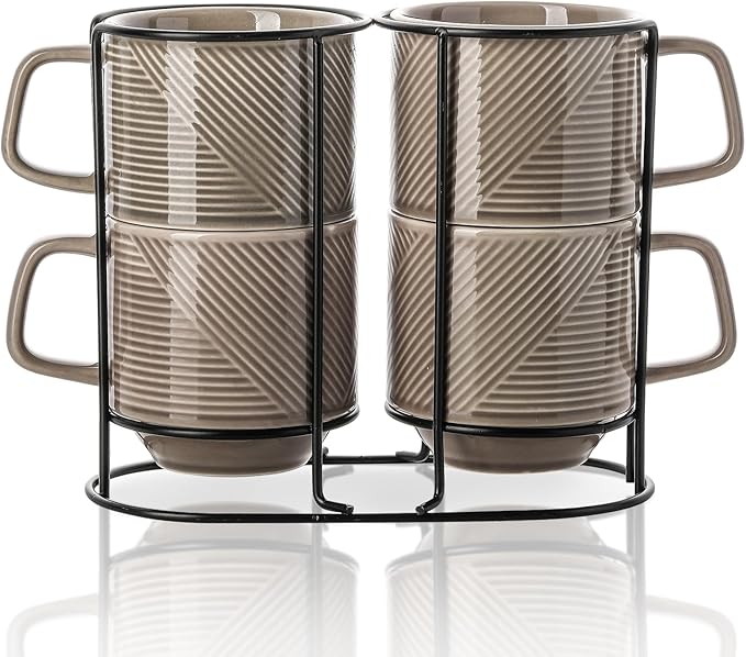 Stackable Coffee Mugs with Rack: 13 oz Stacking Ceramic Cups with Stand - Porcelain Stacked Tea Mug Set of 4 (Grey)