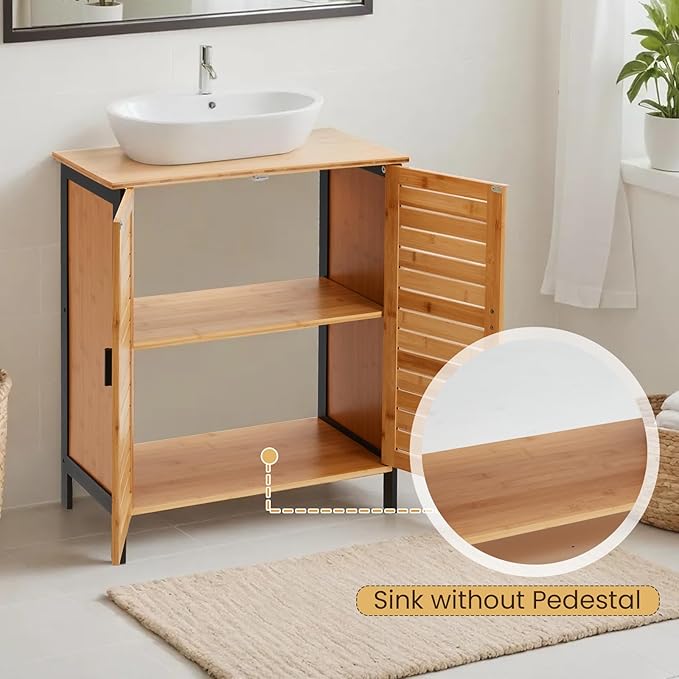 24" Bamboo Pedestal Under Sink Storage Vanity Cabinet, Solid Waterproof Sliding Door Bathroom Organizer with Adjustable Shelf, Modern Bathroom Furniture(Top Cutout, Not for Floor Drain)