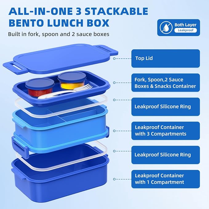 Adults Lunchbox Bento Box with Lunch Bag for Women Men- 74 OZ All-in-One Stackable Lunch Box for Adults Kids Leakproof Bento Large Lunch Box Containers with Fork Spoon Sauce Box for Work School (Blue)