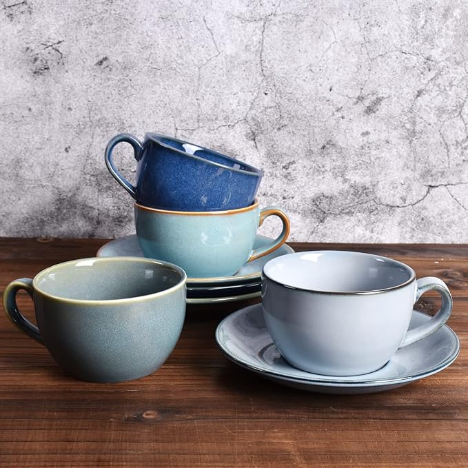 Bosmarlin Ceramic Coffee Cup Mug with Saucer Set of 2 for Latte, Cappuccino, Tea, 8.5 Oz, Dishwasher and Microwave Safe(Royal blue, 2)
