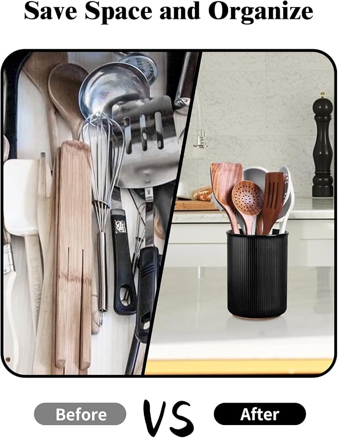 LoeJan Utensil Holder, Extra Large Utensil Crock, Stable Ceramic Utensil Organizer, Cooking Tool Organizer Set for Kitchen Counter Farmhouse Decor (F-6.7" Black)