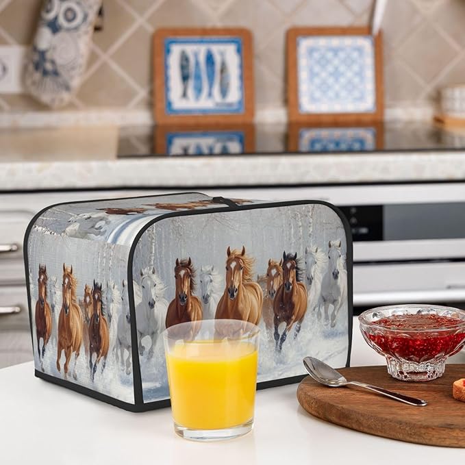 4 Slice Toaster Cover for Kitchen Horses Snow Winter Waterproof and Dustproof Oxford Fabric Toaster Dust Cover with Side Pockets Decorative Universal Cover for Wide Slot Toasters and Small Appliances