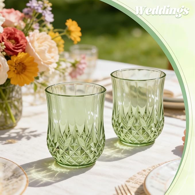 40 Pack Plastic Stemless Wine Glasses,12oz Unbreakable Vintage Elegant Drinking Glass Set,Reusable Fancy Cocktail Cups for Party, Wedding, and Bulk Events (40, 12oz-Sage Green)