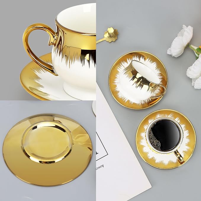 6 Pack 3.2oz Espresso Cups with Saucers, White Porcelain with Gold Electroplated Brushstroke Rim, Ceramic Coffee Cup Set, Dishwasher Safe, for Espresso, Latte, Afternoon Tea, Home Decor & Gifting